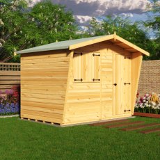 9x6 Shire Gold Security Cabin Summerhouse - in situ, angle view, doors closed