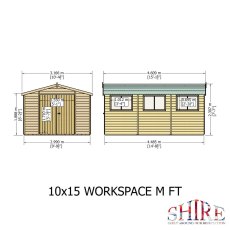 Front and side elevation schematic diagram showing key dimensions for the Shire Atlas 10x15 Workspace wooden apex shed.