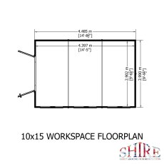 Floor plan schematic diagram showing internal and external measurements for the 10x15 Shire Atlas Workspace apex shed.