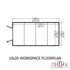 Floor plan schematic diagram showing internal and external measurements for the 10x20 Shire Atlas Workspace apex shed.