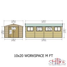 Front and side elevation schematic diagram showing key dimensions for the Shire Atlas 10x20 Workspace wooden apex shed.