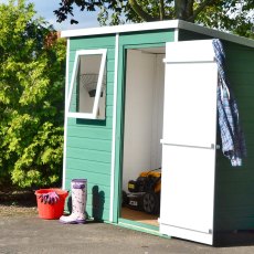 Side view of Shire 6x4 shiplap pent shed with door open showing storage space