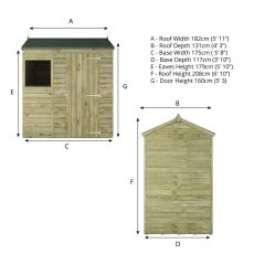 Technical elevation diagram of Mercia 6x4 overlap reverse apex shed with dimensions