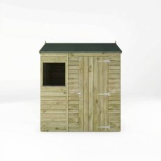 Front view of Mercia 6x4 reverse apex shed with window and double doors
