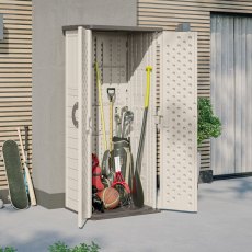 3 x 2 Suncast Mannington Storage Cabinet in Vanilla - in situ, angle view, doors open
