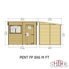 Technical elevation drawing of Shire 8x6 pent shed with dimensions and side profile