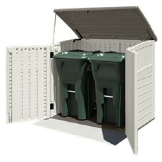 showing the double doors open with 2 bins displayed in the 5x3 Suncast Kensington 6 Plastic Garden S