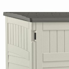close up of the side of the 6x4 Suncast Kensington 8 Plastic Garden Storage in Vanilla