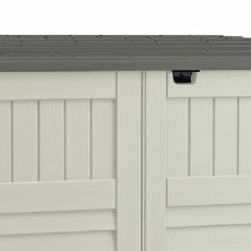 close up of the locking system on the 6x4 Suncast Kensington 8 Plastic Garden Storage in Vanilla