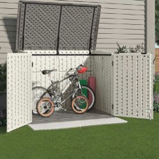 showing storage of bikes in the 6x4 Suncast Kensington 8 Plastic Garden Storage in Vanilla