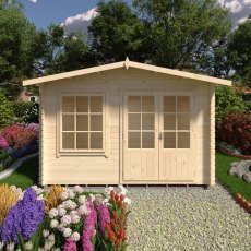 12Gx10 Shire Hale Log Cabin (28mm Logs) - in situ, front view, doors closed