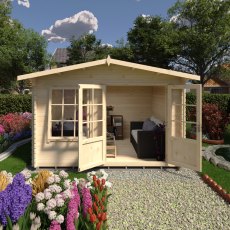 12Gx10 Shire Hale Log Cabin (28mm Logs) - in situ, front view, doors open