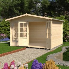 12Gx10 Shire Hale Log Cabin (28mm Logs) - in situ, angle view, doors open