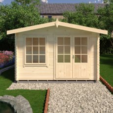 12G x 12 Shire Hale Log Cabin (28mm Logs) - in situ, front view, doors closed