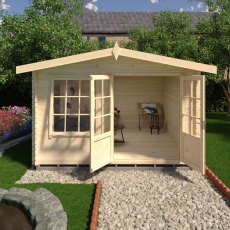 12G x 12 Shire Hale Log Cabin (28mm Logs) - in situ, front view, doors open