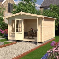 12G x 12 Shire Hale Log Cabin (28mm Logs) - in situ, angle view, doors open