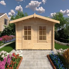 10Gx12 Shire Bucknells Log Cabin (28mm logs) - in situ, front view