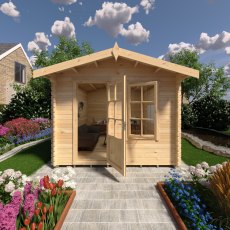 10Gx12 Shire Bucknells Log Cabin (28mm logs) - in situ, front view, open doors