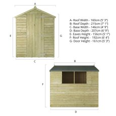 Technical dimensions diagram of Mercia 7x5 overlap wooden shed front and side views