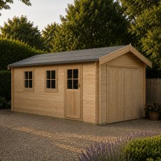 Exterior view of the natural wood Shire Bradenham log cabin garage with closed wooden doors, side windows, and a single access door, positioned on a gravel driveway.