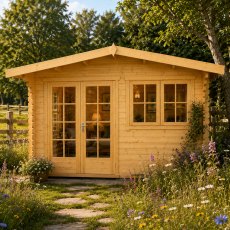 Front view of the light-wood Shire Abbeyford log cabin with double glass doors and large front windows set in a garden surrounded by flowers and greenery.