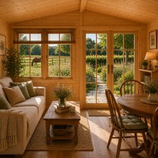 Interior view of the log cabin looking out toward the garden through glass double doors and windows, featuring a sofa, coffee table, and small dining set.