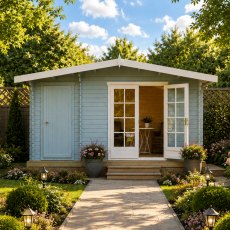 Front view of the light blue Shire Bourne 28mm log cabin featuring double glass doors, an attached storage side shed, and a stone garden walkway leading to the entrance.