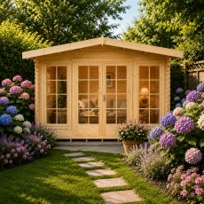 Front-facing view of the light-wood Shire Argyll log cabin with double glass doors and large windows, surrounded by colorful flower beds and a flagstone garden path.