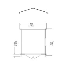 Architectural floor plan diagram showing the roof elevation profile and ground dimensions for the log cabin.