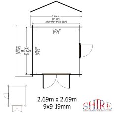 Architectural floor plan diagram showing the roof elevation profile and ground dimensions for the log cabin.