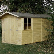 13x7 Shire Jersey Pressure Treated Apex Shed - in situ, angle view, doors closed