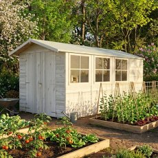 13 X 7 Shire Jersey Pressure Treated Apex Shed - in situ, angle view, doors closed