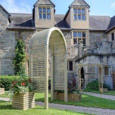 Grange Contemporary Garden Arch - insitu besides contemporary planters