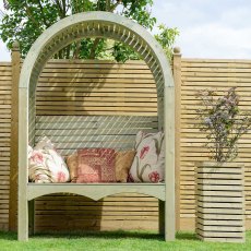 Grange Contemporary Garden Arbour - lifestyle front view with planter on the right