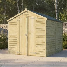 Angled front view of Mercia 10x6 overlap apex wooden shed with double doors
