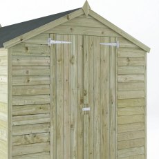 Close-up of Mercia 10x6 overlap apex shed double doors with galvanised fittings