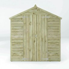 Front elevation of Mercia 10x6 overlap apex wooden shed with closed double doors