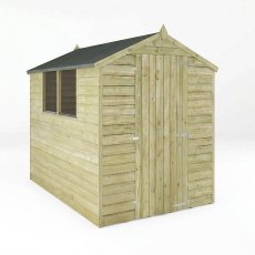 Mercia 7x5 overlap apex shed side angle view with double doors closed