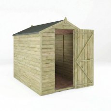 Mercia 7x5 overlap apex wooden shed with double doors open, showing interior access.