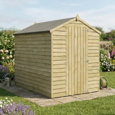 Angled front view of Mercia 7x5 overlap apex wooden shed with double doors in a garden setting.