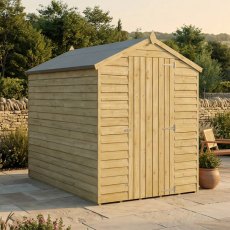 Three-quarter exterior view of Mercia 7x5 overlap apex wooden shed showing side and front elevations.