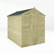 Studio view of Mercia 7x5 overlap apex wooden shed with double doors closed.