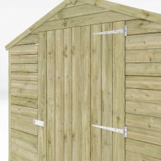 Close-up of double doors on Mercia 7x5 overlap apex wooden shed with galvanised hinges and latch.