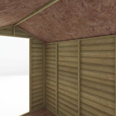 Interior corner view of Mercia 7x5 overlap apex wooden shed showing timber wall panels and roof structure.