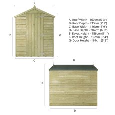 Technical elevation drawing of Mercia 7x5 overlap apex wooden shed with key dimensions and specifications.