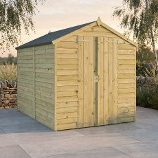 Angled front view of Mercia 8x6 overlap apex shed with single door