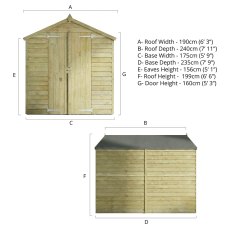 Mercia 8x6 overlap apex shed dimensions diagram with front and side elevations