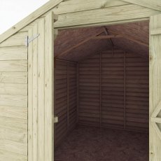 Interior entrance view of Mercia 8x6 overlap apex shed with timber walls and roof