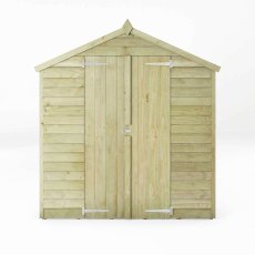 Front elevation of Mercia 8x6 overlap apex wooden shed with single door