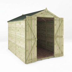 Mercia 8x6 overlap apex shed with door open showing interior storage space